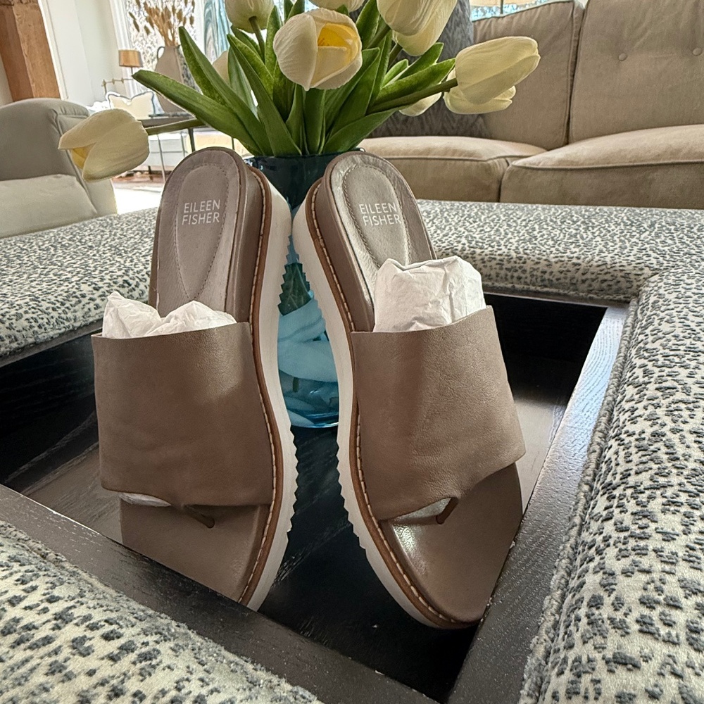 Eileen Fisher Taupe Leather Slide Wedge Sandals